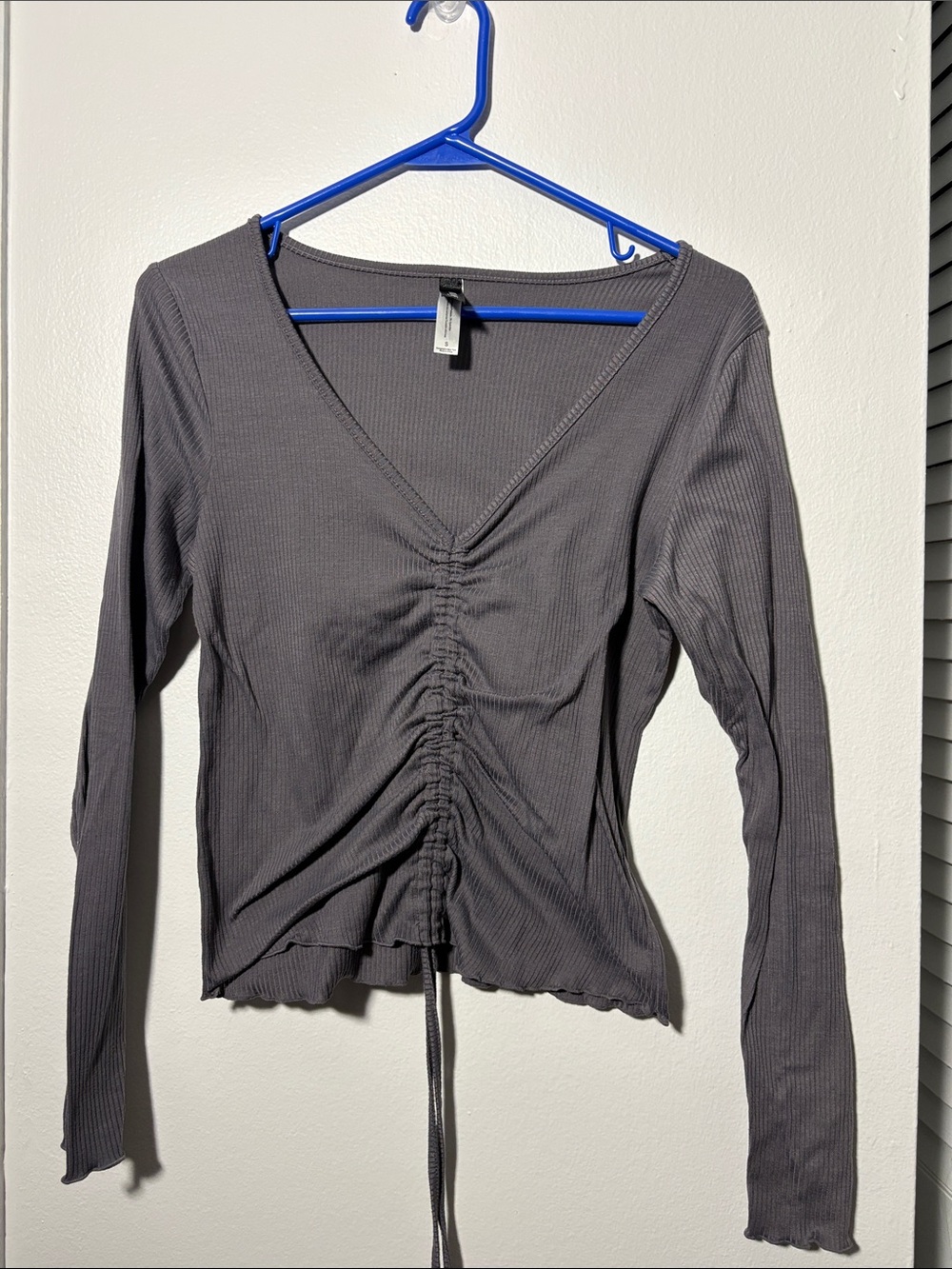 Adore Me Charcoal Ribbed Ruched V-Neck Long Sleeve Top